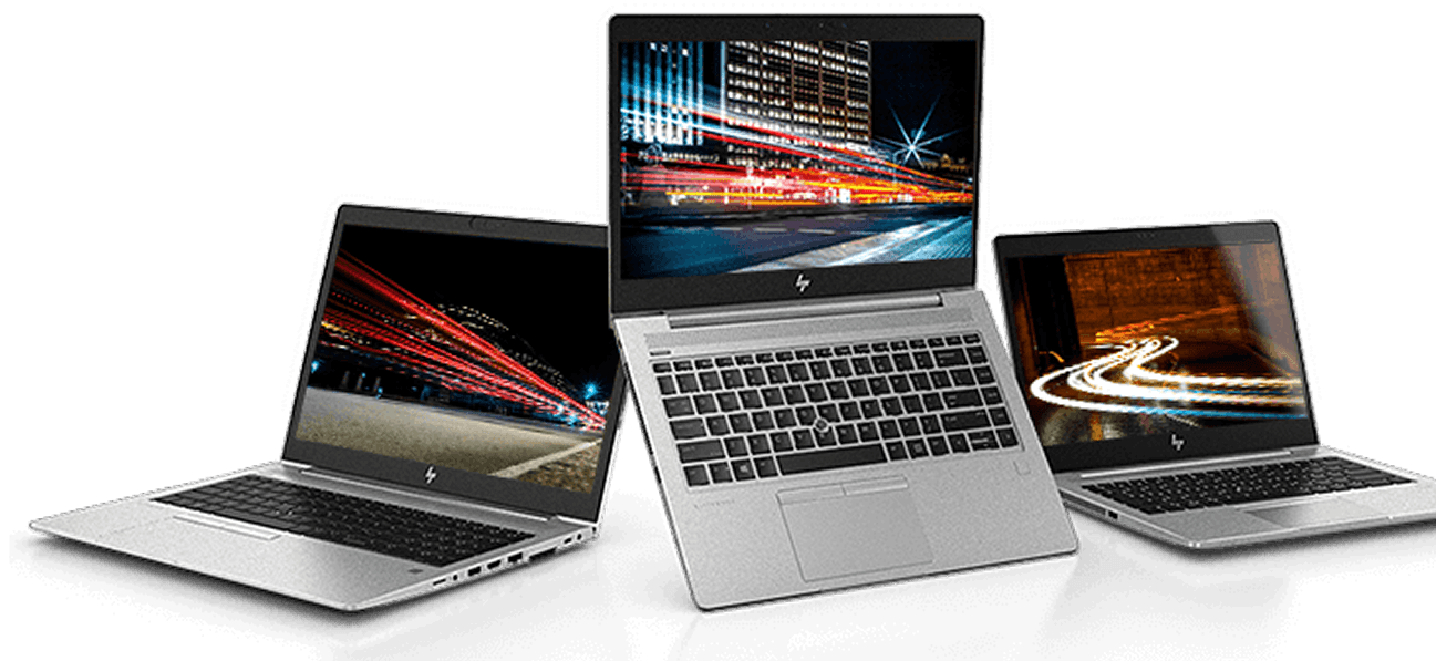 Three laptops displaying different screens